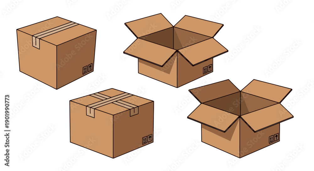 Fototapeta premium Four cardboard boxes, two closed and sealed with tape, and two open, displayed on a white background.