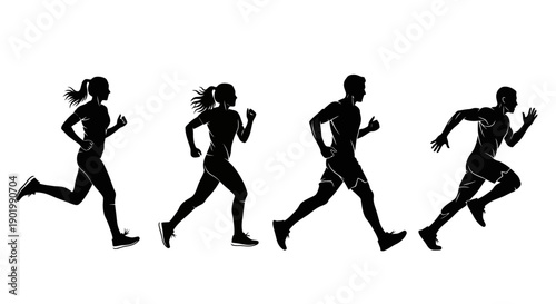 Silhouettes of four runners in motion, showcasing athletic form and movement against a white background.