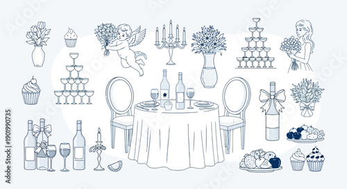 A charming collection of wedding and celebration elements, including flowers, champagne, and desserts, arranged in a festive display.