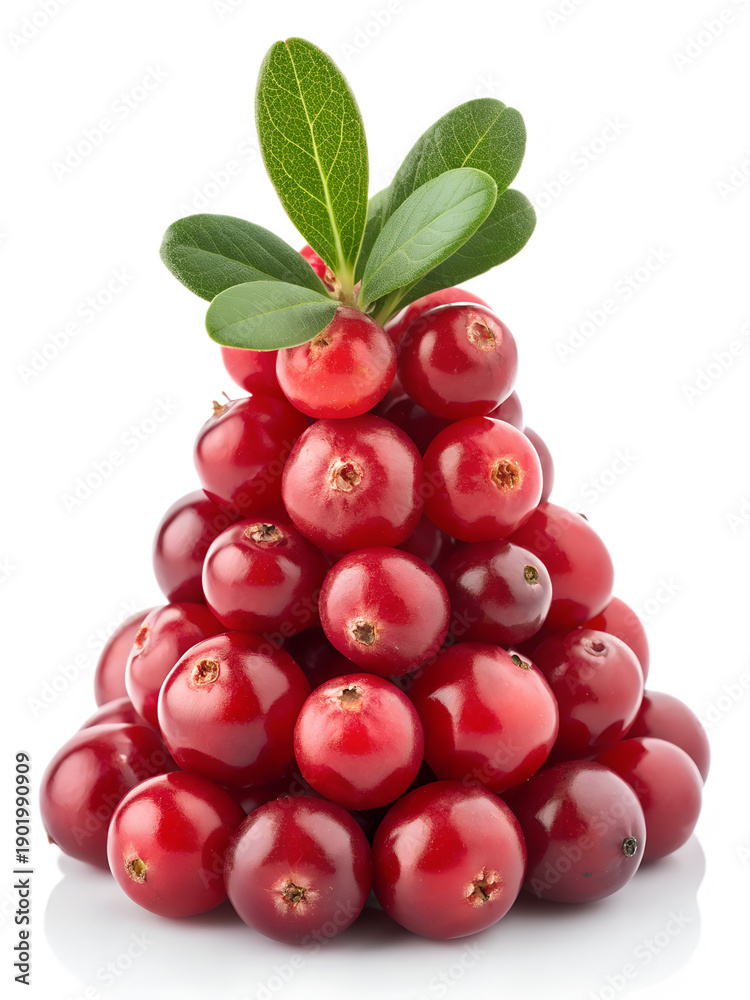 Obraz premium Fresh Organic Red Cranberries Stack with Green Leaves Isolated on White Background