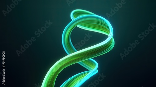 Abstract flowing strands of green and blue light twisting gracefully in a dark background, illustrating motion, fluidity, and modern design concepts.