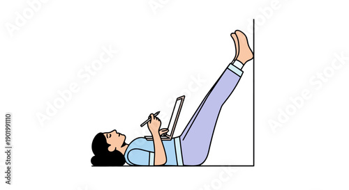 A woman lies on her back with her legs up against a wall, working on a laptop.
