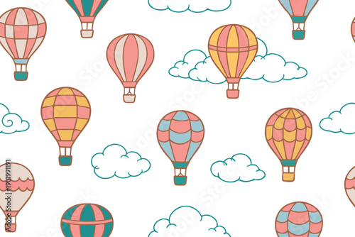 Seamless pattern featuring colorful hot air balloons among fluffy clouds. 