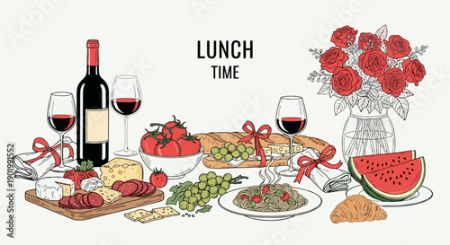 A delightful spread of food and wine, featuring a bottle of red wine, cheese, fruits, bread, and a bouquet of red roses, perfect for a leisurely lunch.