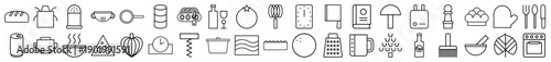 Kitchen and cooking line icon set featuring vector pictograms of bread, apron, whisk, knife, pasta, wine, cheese, oven, and utensils, thin black outline illustration.