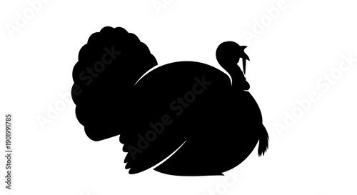 A striking black silhouette of a plump turkey with its tail feathers fanned out, presented against a clean white background.