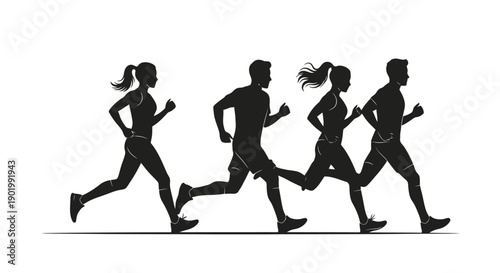 Silhouettes of four runners, two men and two women, in full stride during a race, depicted in black and white against a plain background.