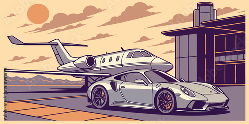Stylized illustration of a sleek luxury sports car parked next to a private jet at sunset
