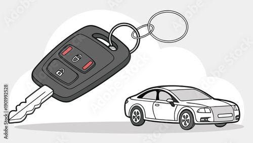 Remote car key fob with buttons and a modern sedan vehicle illustration on white background