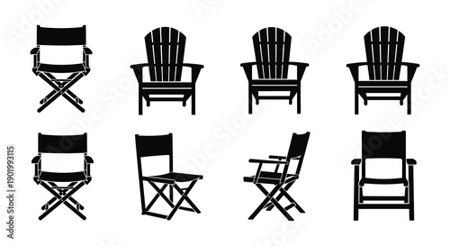 A collection of black adirondack and director s chairs in various views on transparent background silhouette high quality professional detailed modern elegant