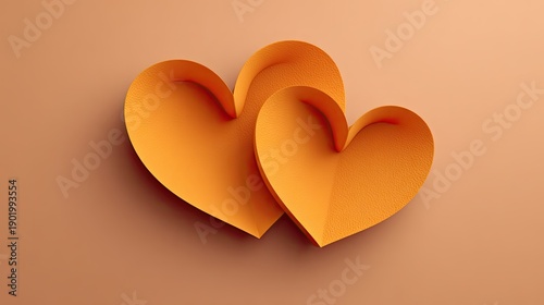 Two overlapping orange hearts on a soft textured background, symbolizing love, affection, and warmth in a romantic or celebratory context
