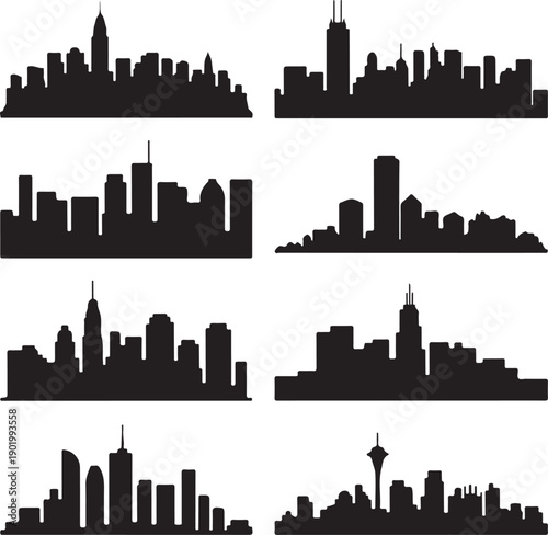 city skylines in black silhouette on white background
