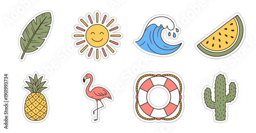 Summer Vacation Beach Sticker Set, Vector Illustration