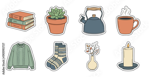 Cozy Hygge Sticker Set, Hand Drawn Autumn Vector Illustrations