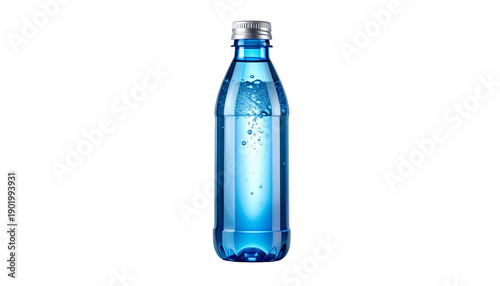 A sleek, transparent glass bottle filled with sparkling, blue-tinted water against black