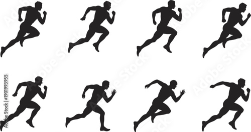 Running man silhouette set with sprint jogging athletic poses isolated on white background sport fitness vector illustration