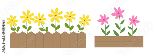 Simple flower bed with wooden fence vector clipart set.
Cute spring flowers in wooden fence illustration.
Spring flower garden border. svg.