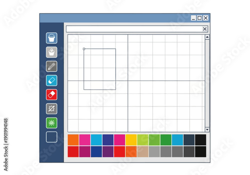 User interface illustration of a digital drawing application, showing a grid canvas, essential creative tools, and a color palette.