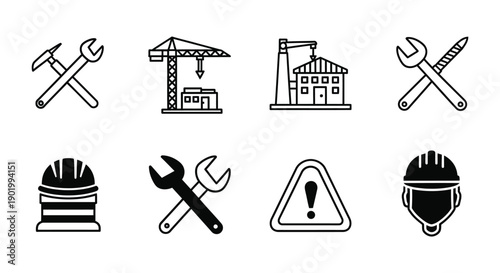 A collection of construction tools and building icons in a minimalist style on transparent background silhouette high quality professional detailed modern