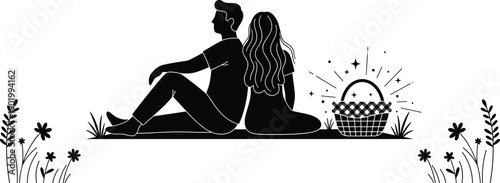 Romantic couple silhouette sitting together picnic illustration love relationship concept black vector art isolated on white background minimalist design