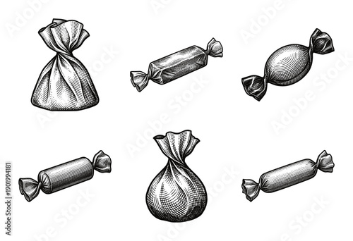 Collection of wrapped chocolate truffles and assorted hard candies in hand drawn vintage engraving style