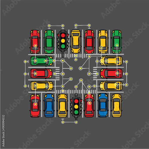 Overhead view of a complex city intersection with multiple cars and traffic lights.