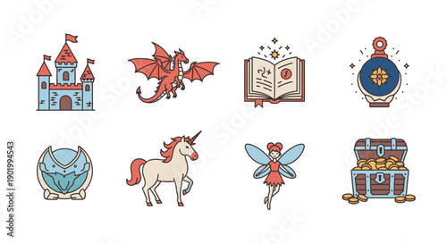 Fantasy icons dragon castle unicorn fairy book treasure chest vector