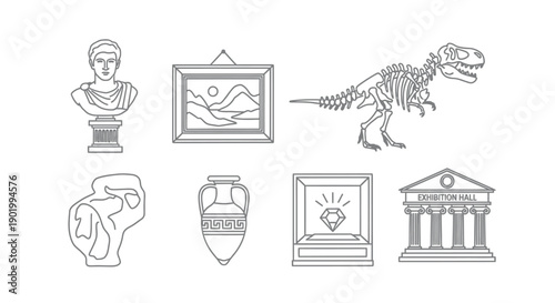 Museum artifacts and exhibits collection of ancient sculptures and dinosaur skeleton