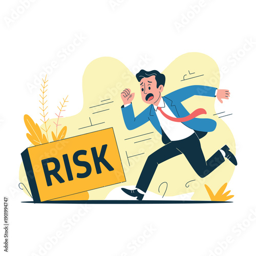 Frightened businessman running away from a giant yellow block labeled risk management.