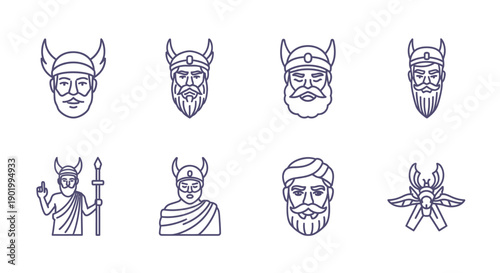 Line art viking heads set on white background for various design purposes