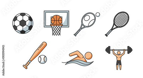 Sports equipment collection football basketball tennis baseball swimming weightlifting