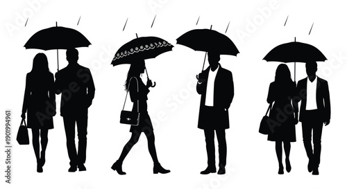A group of people with umbrellas walking in the rain depicted as a striking black silhouette on transparent background high quality
