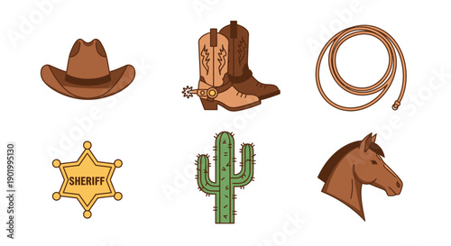 Cowboy western elements hat boots rope badge cactus and horse head
