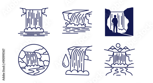 Line art waterfalls vector illustrations of cascading water for design