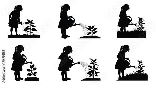 A series of six black silhouettes showing girls watering plants ideal for design work on transparent background silhouette high quality professional