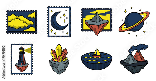 Retro Comic Style Surreal Floating Island Postage Stamp Collection for Scandi Celestial Stationery