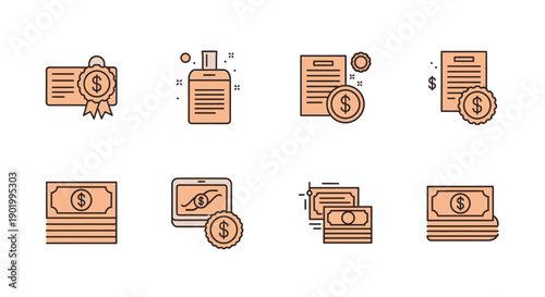 Financial icons money documents tablet and certificates in a flat design