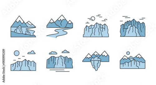 Mountain landscapes vector illustrations of scenic views and natural elements