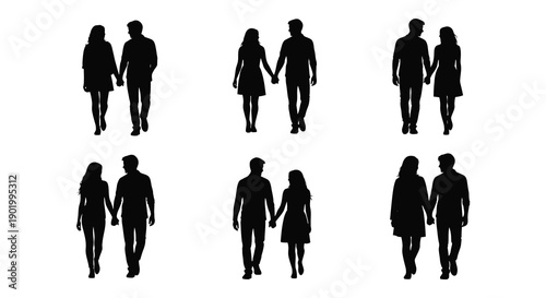 Six pairs of people walking and holding hands depicted as black silhouettes on transparent background high quality professional detailed modern elegant