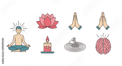 Meditating figure and symbols of mindfulness peace and relaxation vector illustration