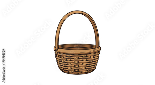 Isolated brown wicker basket with handle against a white background