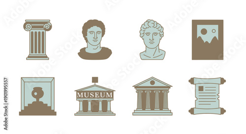 Historical artifacts and museum architecture vector illustrations