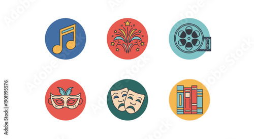 Colorful icons representing music celebrations cinema theater and literature