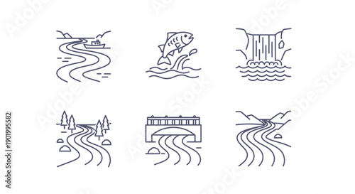 Line art illustrations of rivers and waterfalls for design and concepts