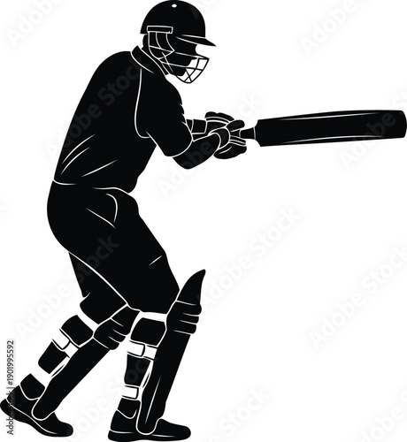 A cricket player is about to hit a ball