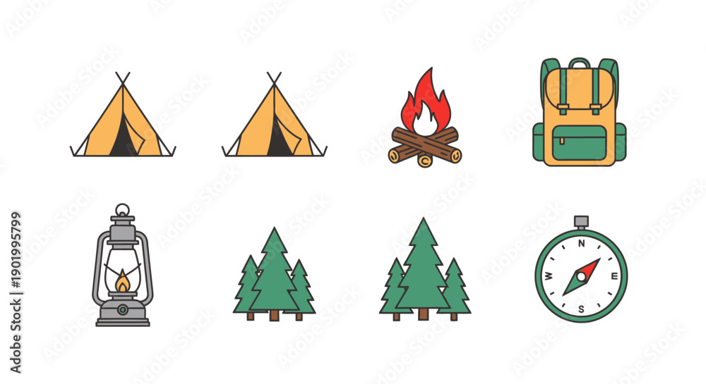 Fototapeta premium Camping icons set featuring tents campfire backpack lantern and compass