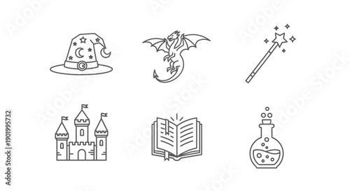 Fantasy line icons set featuring dragon magic items and castle
