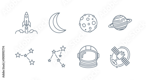 Outlined space elements rocket moon planets constellations astronaut helmet