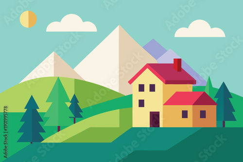 A cheerful flat design landscape shows a charming house with trees and mountains under a bright sun
