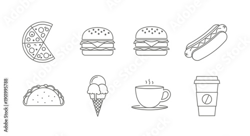 Collection of business and technology icons in outline style on white backdrop